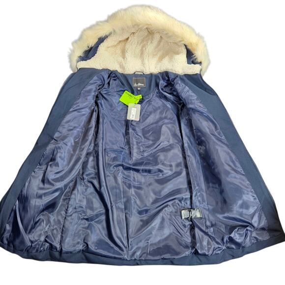 NWT Sam Edelman Women’s Dark Blue Puffer Jacket Fur Hooded Quilted Size XS Coat - Picture 8 of 13
